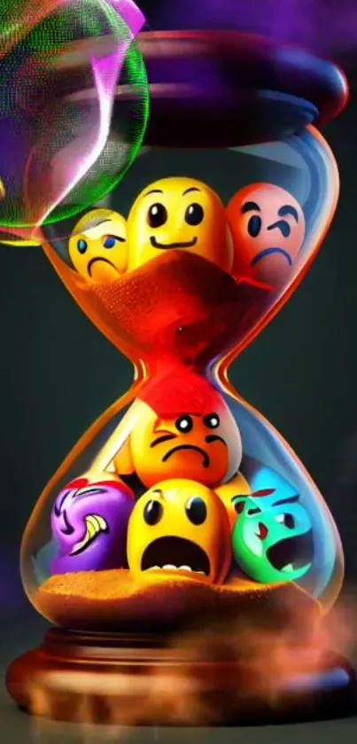 Vibrant hourglass with colorful emojis expressing various emotions.