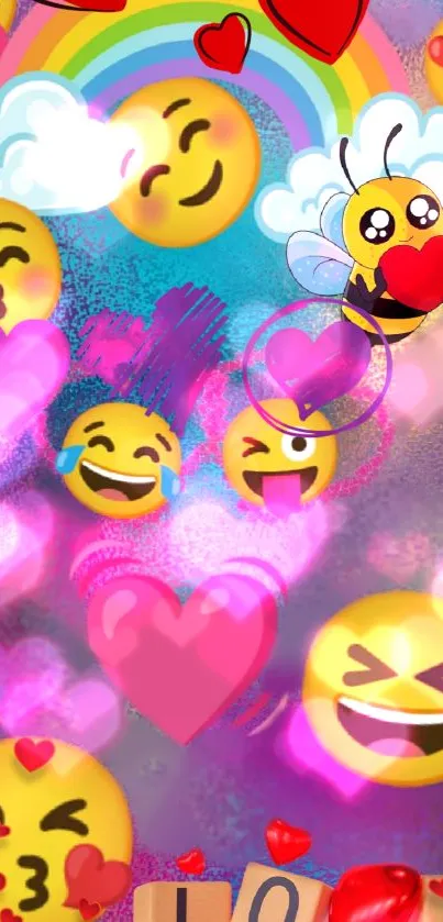 Colorful emoji wallpaper with hearts and rainbow.