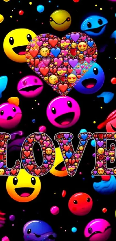 Vibrant mobile wallpaper with emojis and love theme.