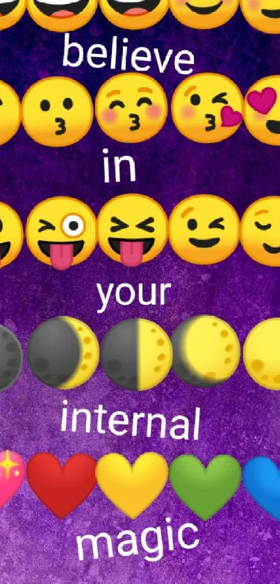 Purple wallpaper with emojis and motivational text: 'believe in your internal magic.'