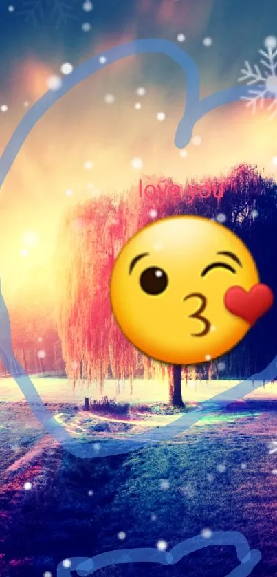 Vibrant emoji and winter scene wallpaper with colorful sky and snowflakes.