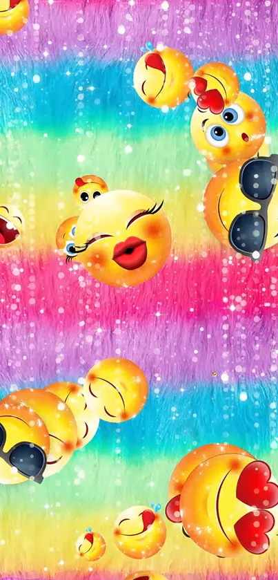 Colorful wallpaper with cheerful emojis on a pastel rainbow background.