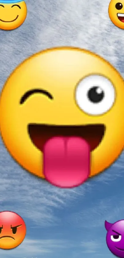 Winking emoji with sky background and vibrant expressions.