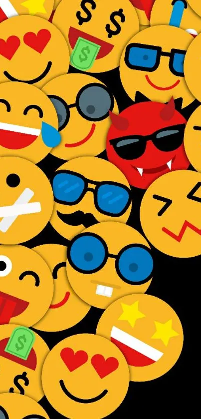 Colorful emoji wallpaper with various expressions on a black background.