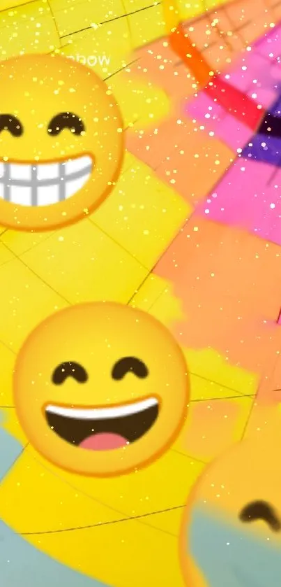 Vibrant mobile wallpaper with smiling emojis on a colorful geometric background.