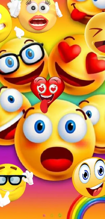 Colorful emoji smiley wallpaper with playful expressions and rainbow hues.