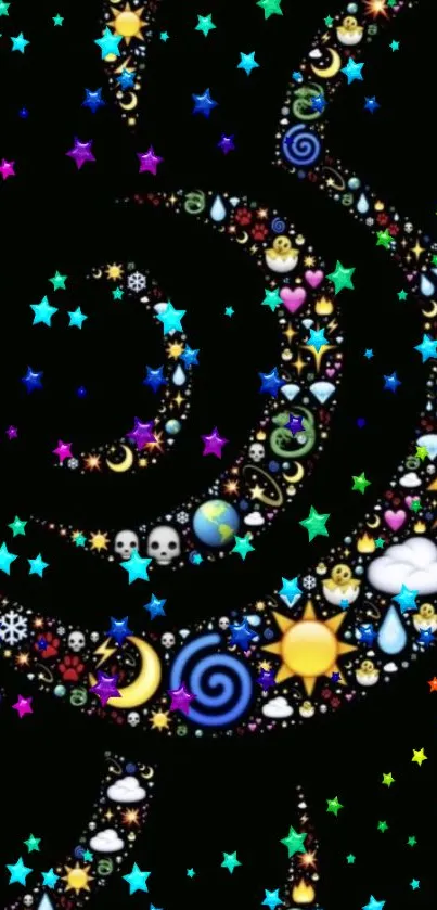 Colorful emoji spiral art on a black background for smartphones.