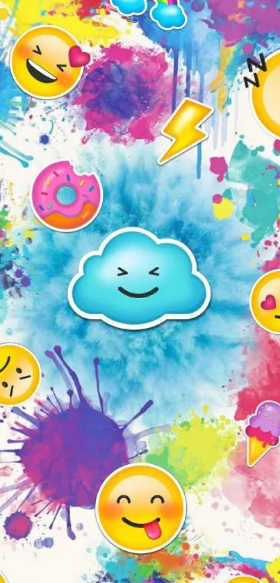 Colorful emoji wallpaper with vibrant splashes and fun smiley faces.