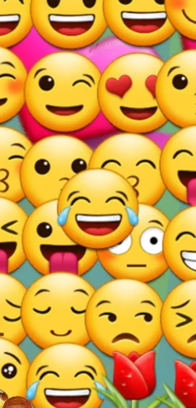 Colorful emoji mobile wallpaper with various yellow faces and bright expressions.