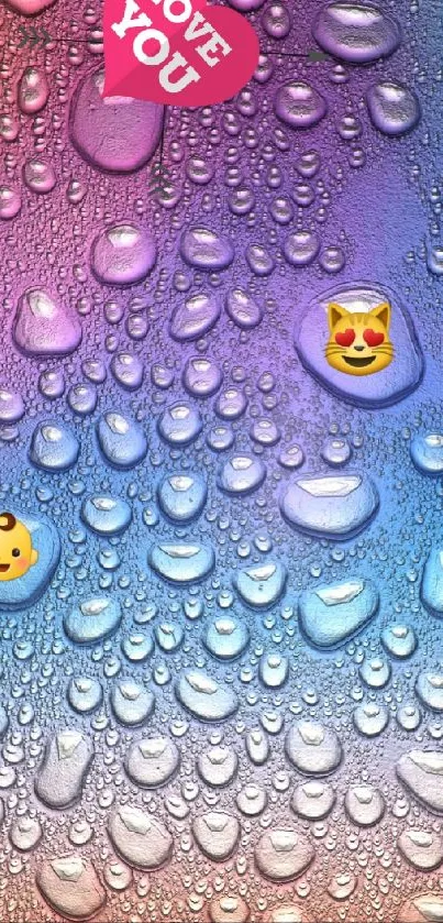 Colorful mobile wallpaper with water droplets and emojis.