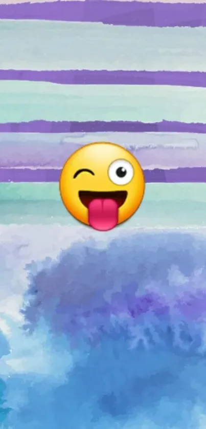 Winking emoji on colorful watercolor background with blue and purple hues.