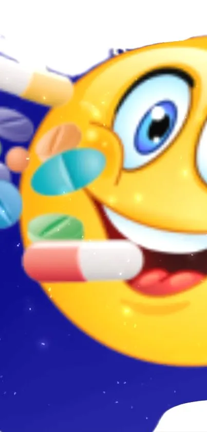 Colorful emoji with pills on blue background wallpaper.