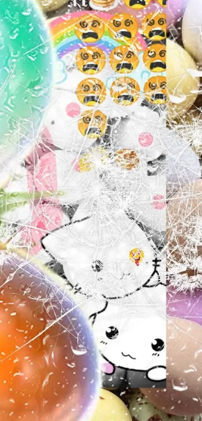 Colorful mobile wallpaper with emojis, pastel eggs, and a shattered glass effect.