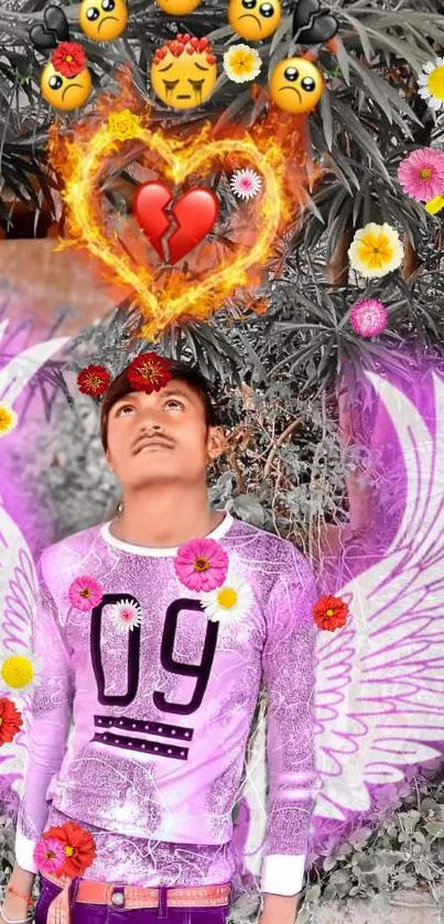 Person with wings surrounded by colorful flowers and emojis.