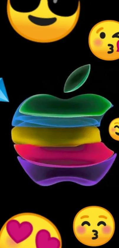 Colorful Apple logo with emojis on black background.