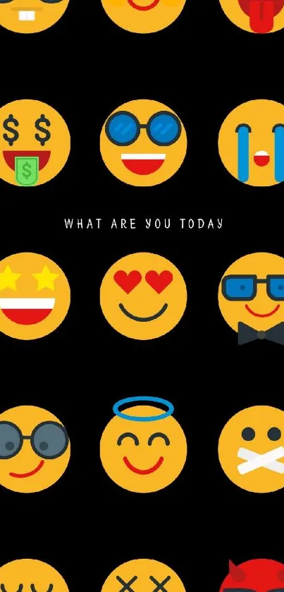 Colorful emoticon wallpaper with vibrant emoji faces on a black background.