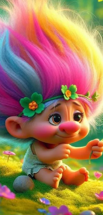 Colorful troll in an enchanted forest with vibrant flowers.