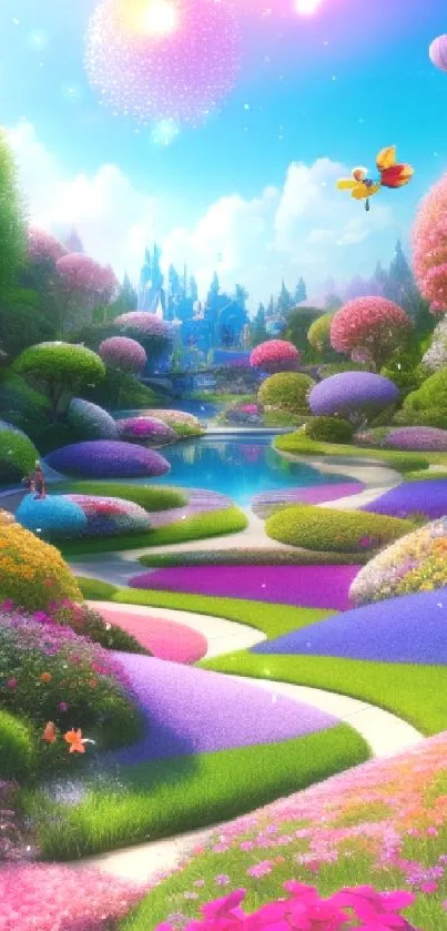 Vibrant enchanted garden with colorful flowers and serene paths.
