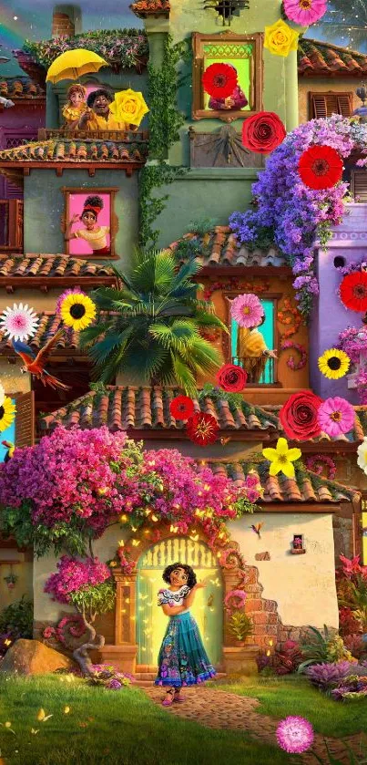 Vibrant enchanted house wallpaper with colorful elements.