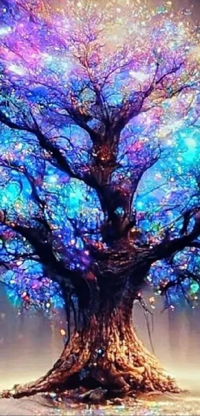 Vibrant fantasy tree with glowing branches, rich in radiant colors.