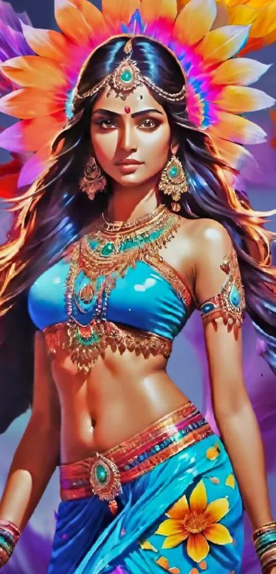 Ethereal woman adorned with colorful flowers and jewelry on vibrant wallpaper.