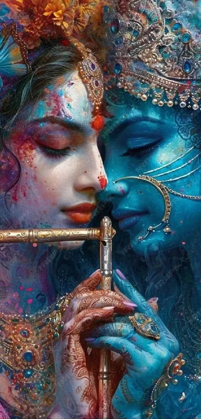 Ethereal painting of a colorful mythical couple in love, rich in detail and hues.