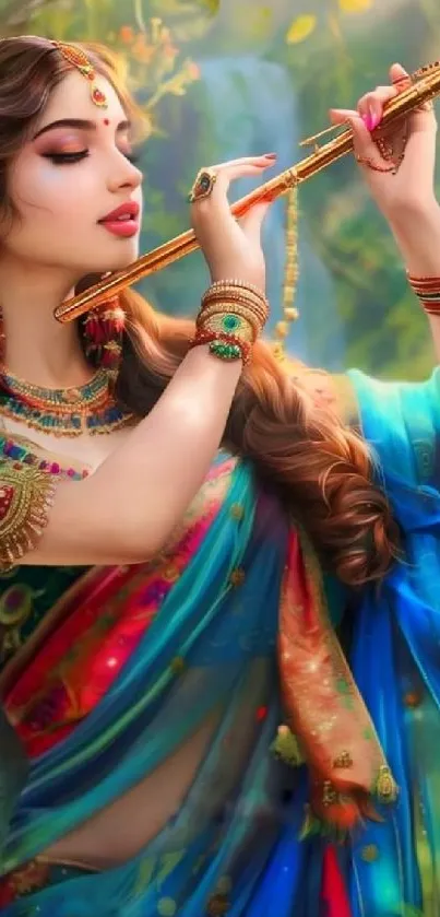 Ethereal woman in vibrant attire playing a flute with a colorful, nature-inspired backdrop.