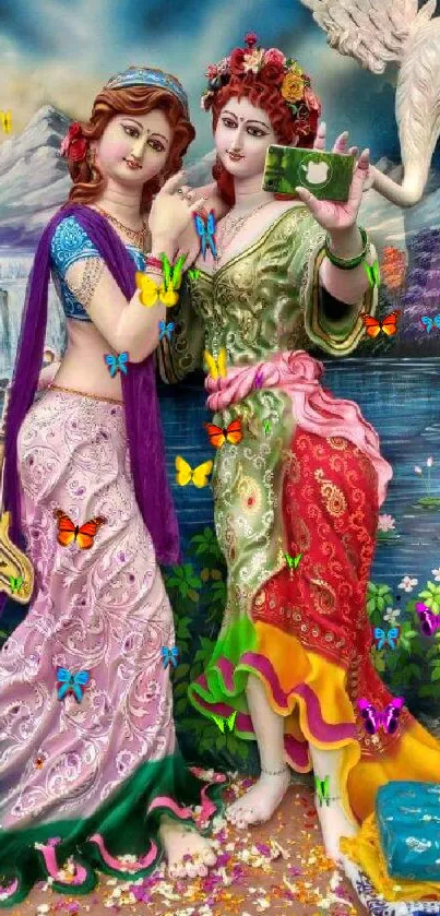 Vibrant ethnic art with two figures by a scenic water backdrop.