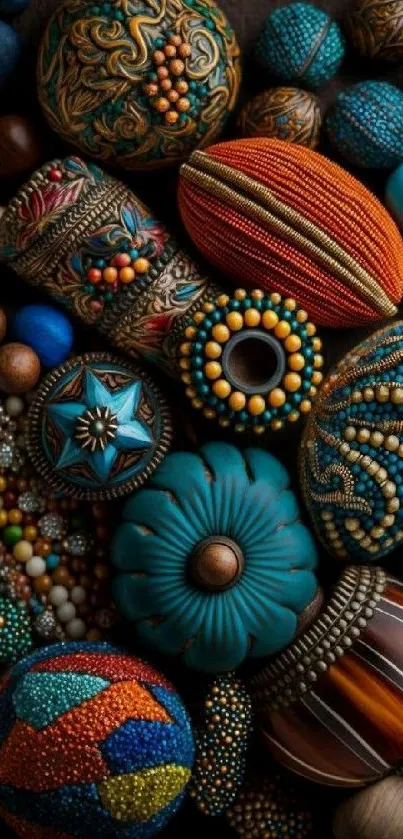 A vibrant display of colorful ethnic bead patterns on a mobile wallpaper.