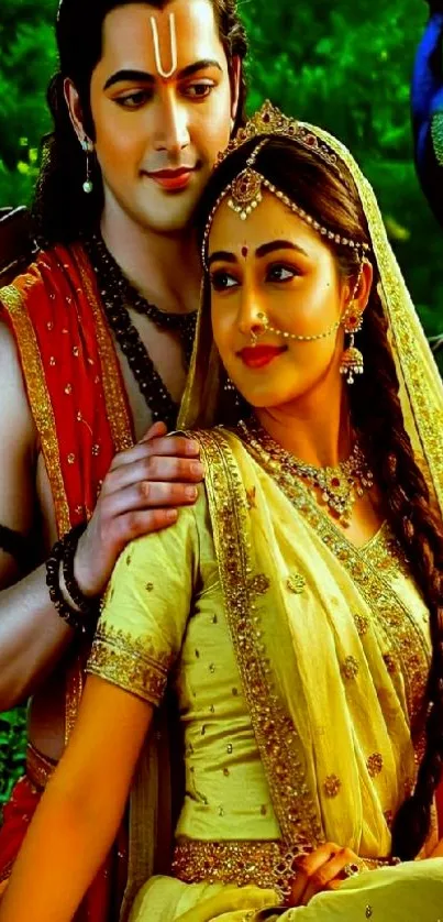 Traditional couple in vibrant setting with greenery.
