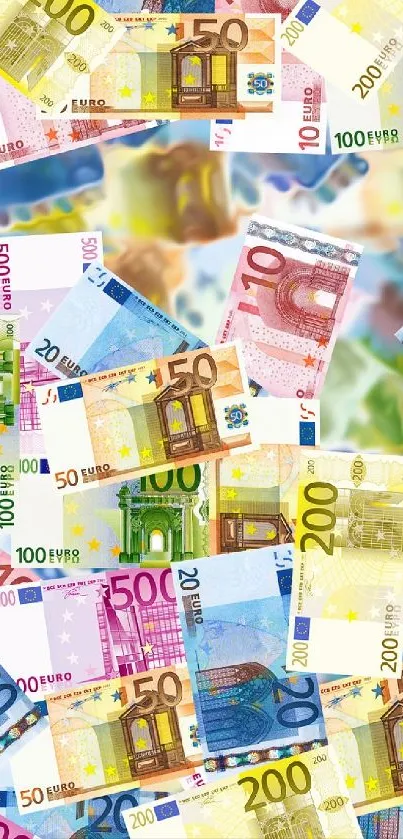 Vibrant wallpaper of scattered Euro banknotes in various denominations.