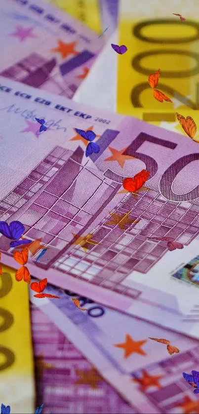 Colorful Euro banknotes scattered as a vibrant mobile wallpaper.