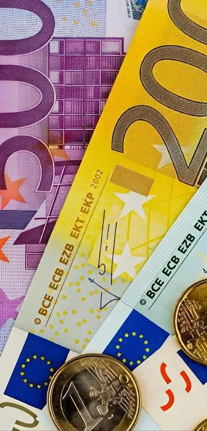 Colorful Euro notes and coins wallpaper.