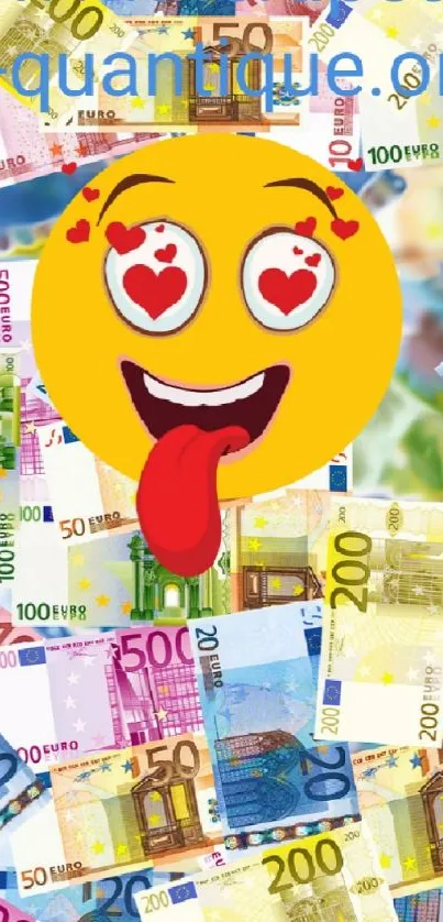 Colorful Euro notes with a love-struck emoji on phone wallpaper.