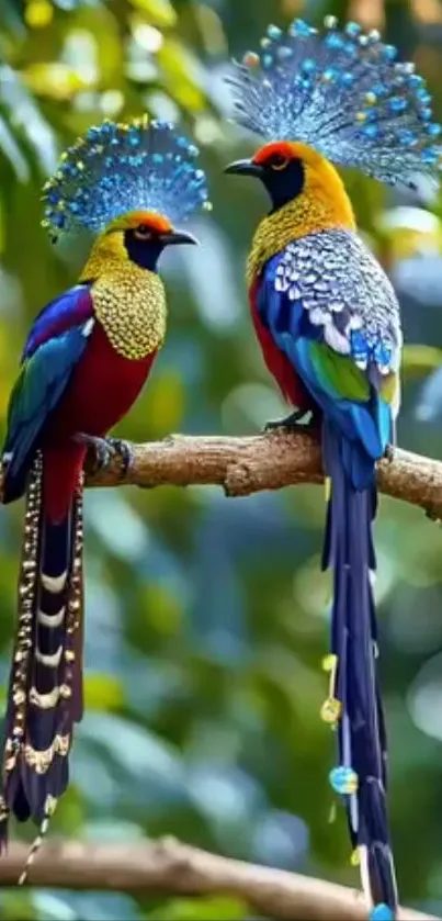 Two exotic birds with colorful plumage perched on a branch.