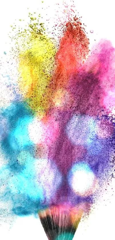 Vibrant explosion of rainbow colors from a brush on white background wallpaper.