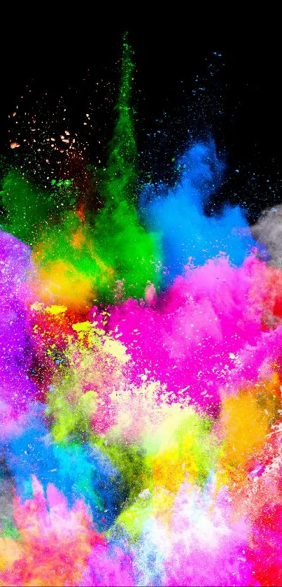 Vibrant and colorful paint explosion on a black background, mobile wallpaper.