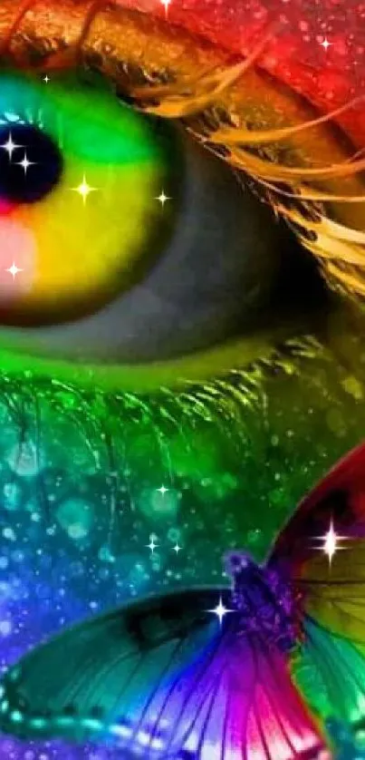 Vibrant rainbow eye and butterfly wallpaper for mobile devices.