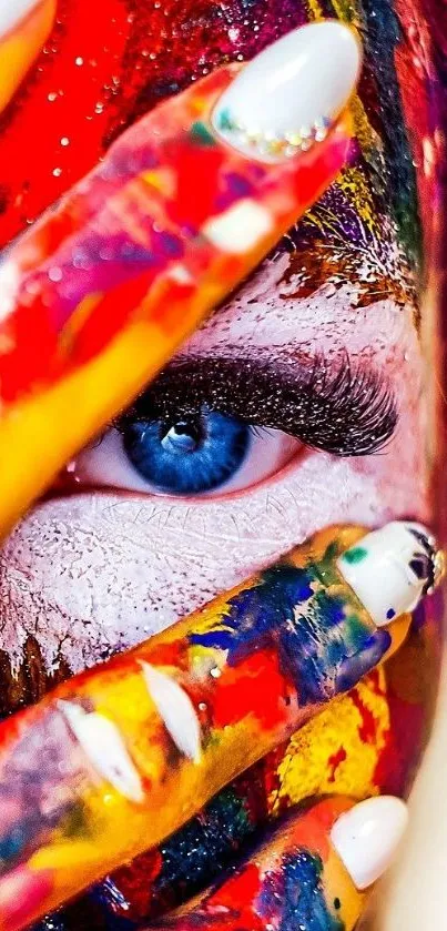 Vibrant artwork with painted hands and striking blue eye.