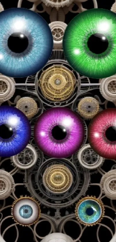 Intricate colorful eye design wallpaper with a surreal, mechanical aesthetic.