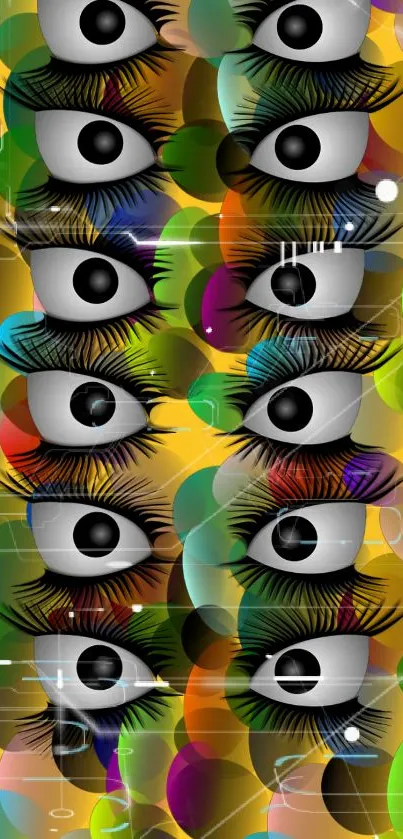 Colorful eye pattern on a yellow background wallpaper.