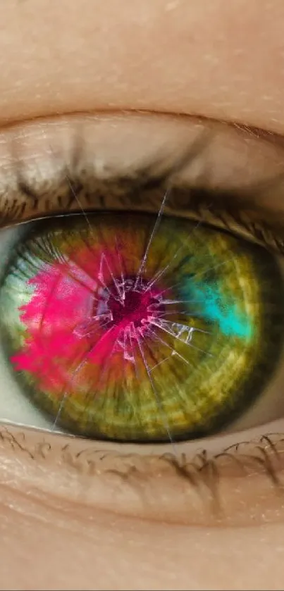 Close-up of eye reflecting colorful vibrant imagery.