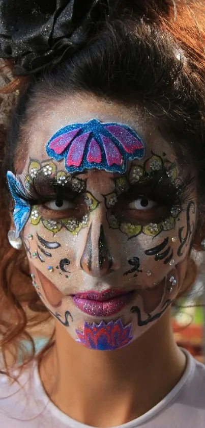 Colorful face art with festival-inspired design.