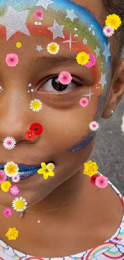 Child with colorful face paint and stars smiling brightly.