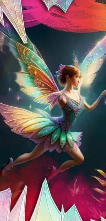 Colorful fairy flying in a whimsical fantasy art scene.