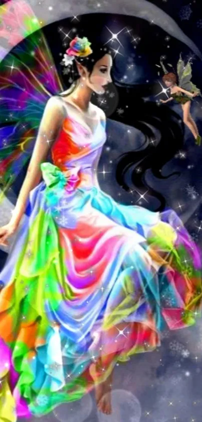 Vibrant fairy with rainbow wings in a starry night setting.