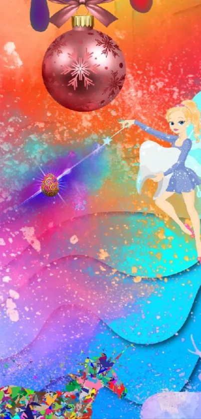 A vibrant fairy with wings waves a wand in a colorful fantasy scene.