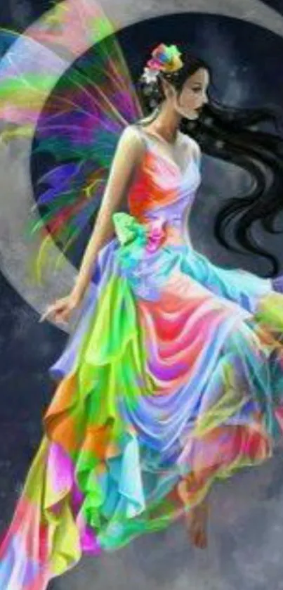 Colorful fairy with wings and a moonlit background, creating a fantasy scene.