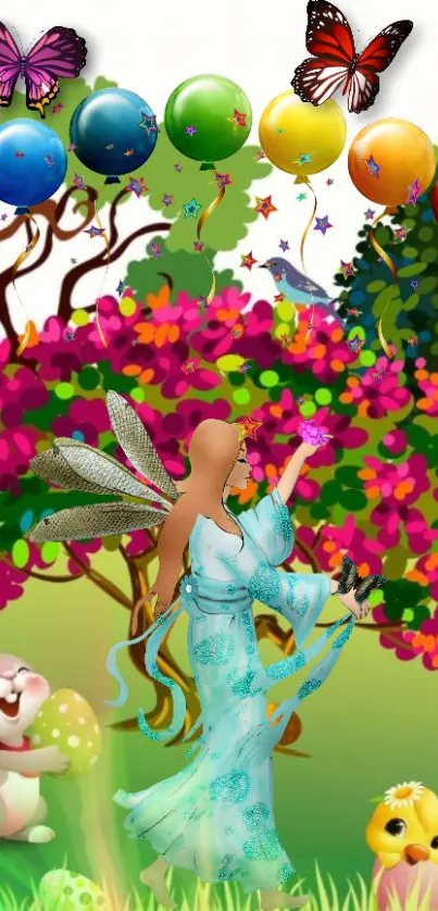 Magical fairy in vibrant garden with balloons and butterflies.