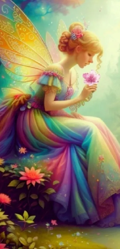 A colorful fairy sits in an enchanted garden with vibrant flowers and a rainbow dress.